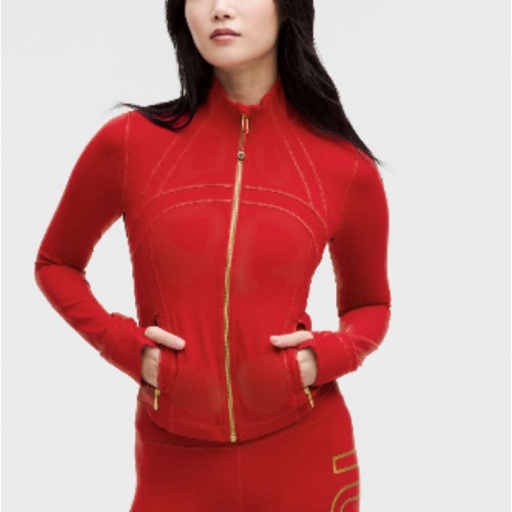 Lululemon Cropped Define Jacket – Red with Gold Zipper, Size 2